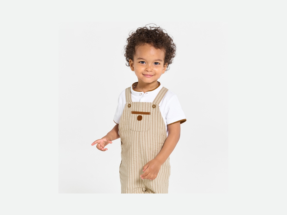 Salopette courte rayée et polo marron bébé garçon 1