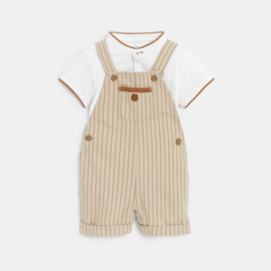 Baby boy's brown striped short overalls and polo shirt style bodysuit 1