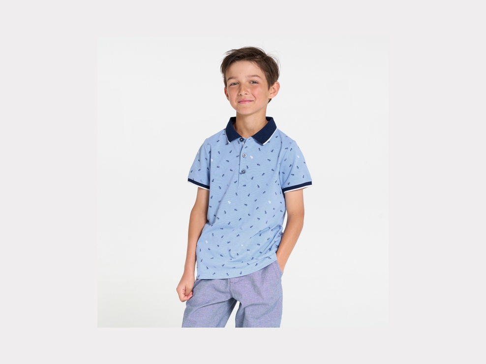 Polo de manga corta en punto piqué estampado azul niño 1