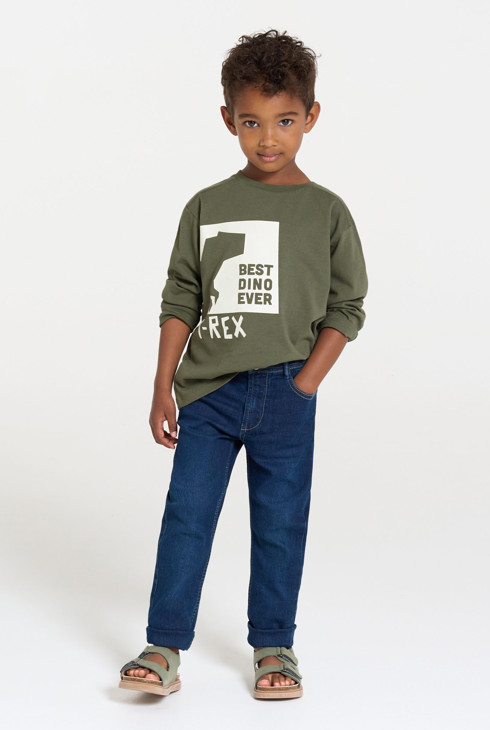 Khakifarbenes Langarm-T-Shirt mit Dinosauriermotiv für Jungen 2