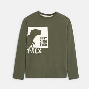 Boy's khaki dinosaur motif T-shirt with long sleeves 1