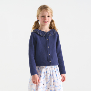 Girl's navy blue quilted sweatshirt with ruffle collar 1