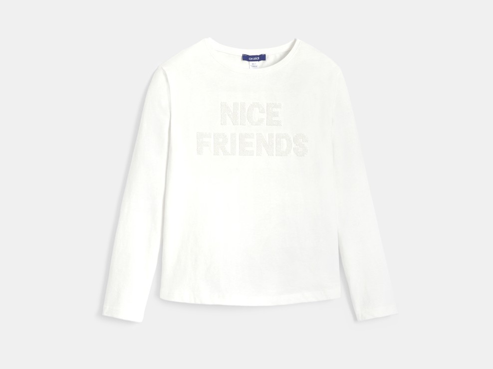 T-shirt manches longues message sequins blanc Fille 1