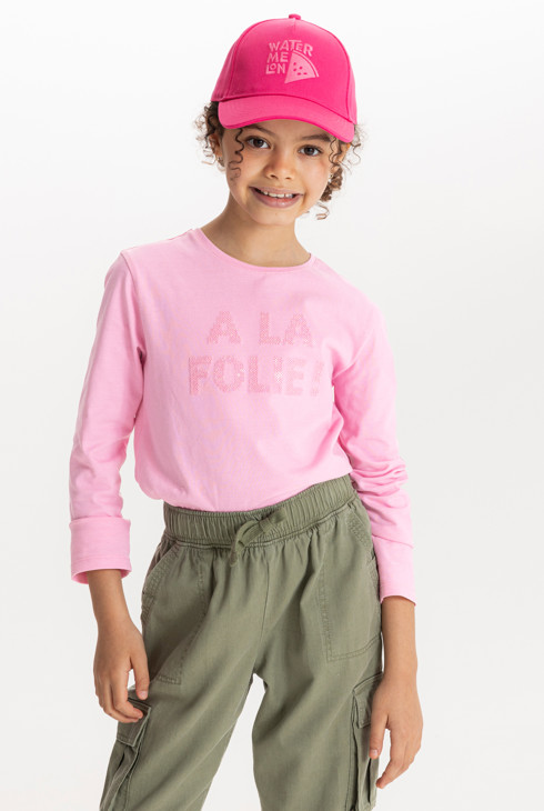Rosa Langarm-T-Shirt mit Schriftzug und Pailletten für Mädchen 2
