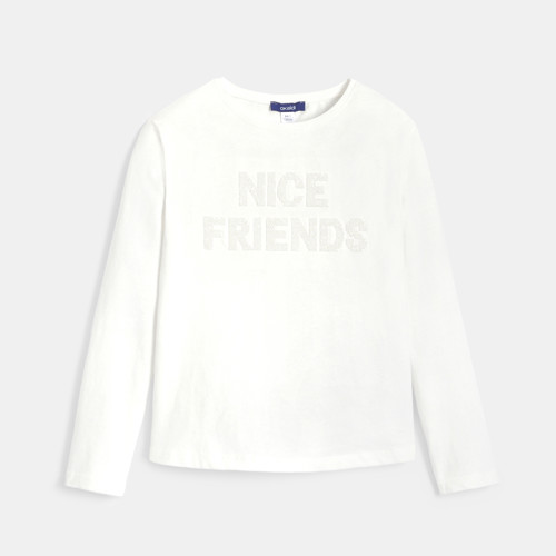 T-shirt Manches Longues Message Sequins Blanc Fille - Ecru Tres Clair - 5A - OKAIDI