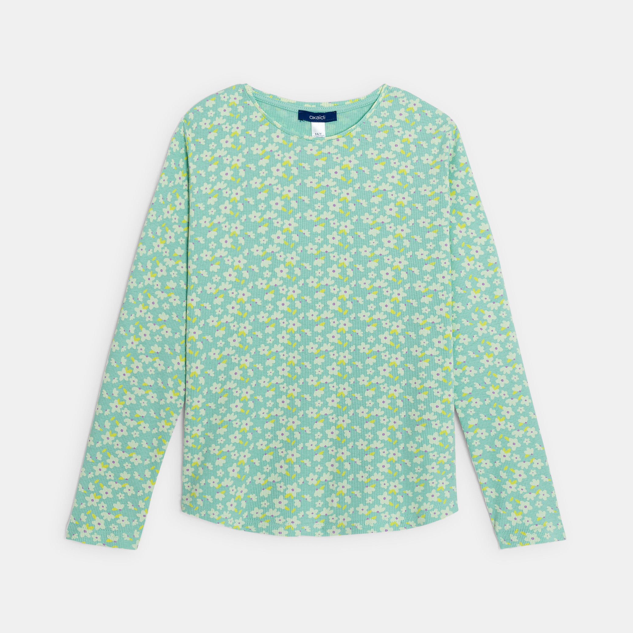 Girl's green long-sleeve, printed ribbed T-shirt Okaïdi & Obaïbi