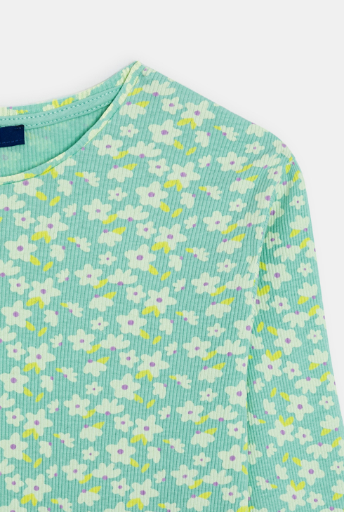 Geripptes grünes T-Shirt mit langen Ärmeln und Aufdruck für Mädchen