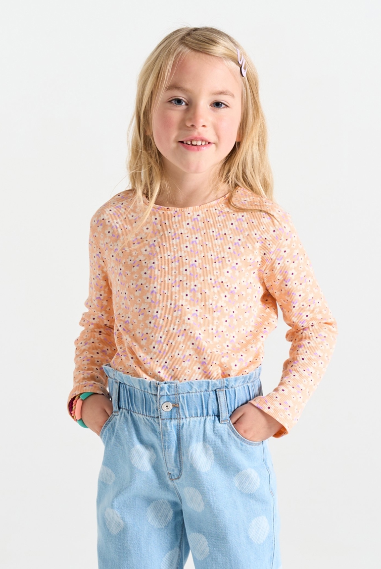 T-shirt côtelé imprimé orange abricot Fille 1