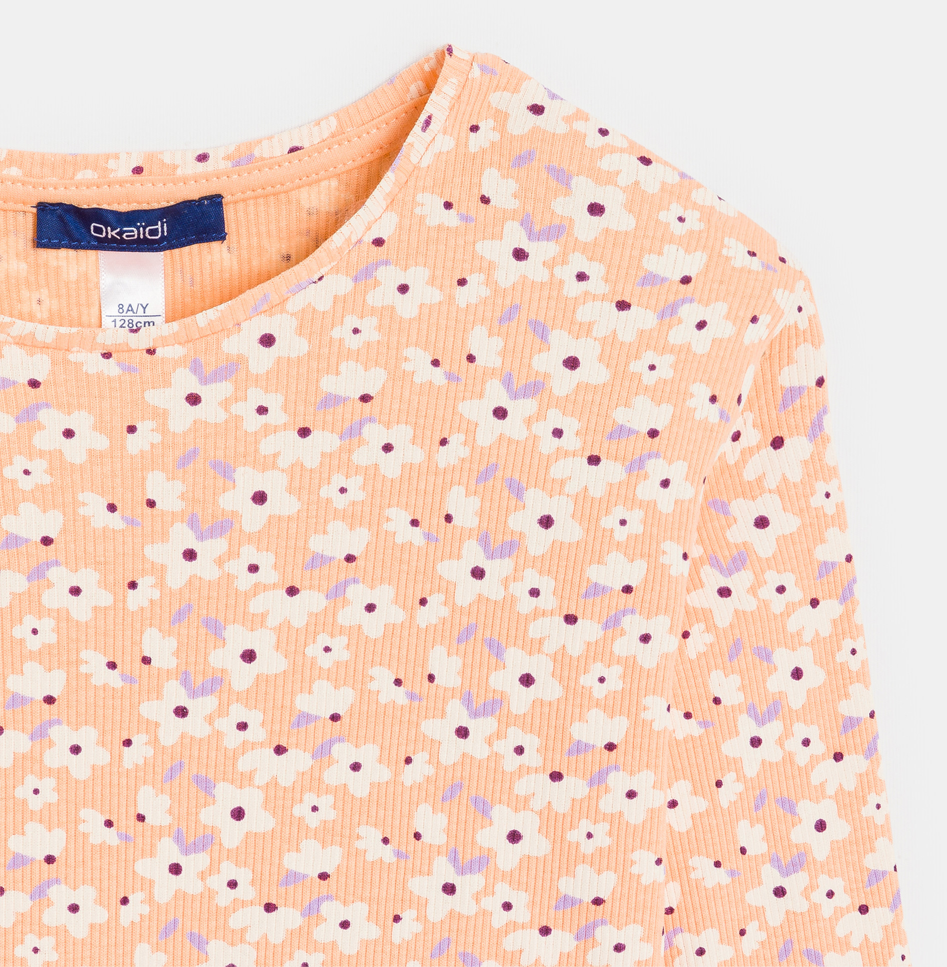 T-shirt côtelé imprimé orange abricot Fille 2