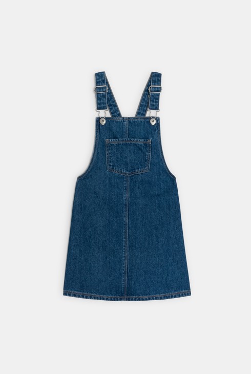 Girl's blue raw denim dungaree dress 1