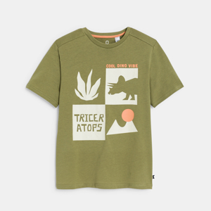 Boy's khaki dinosaur motif T-shirt with short sleeves 1