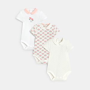 Baby girl's short-sleeve, white floral bodysuit with small collar (pack of 3) 1