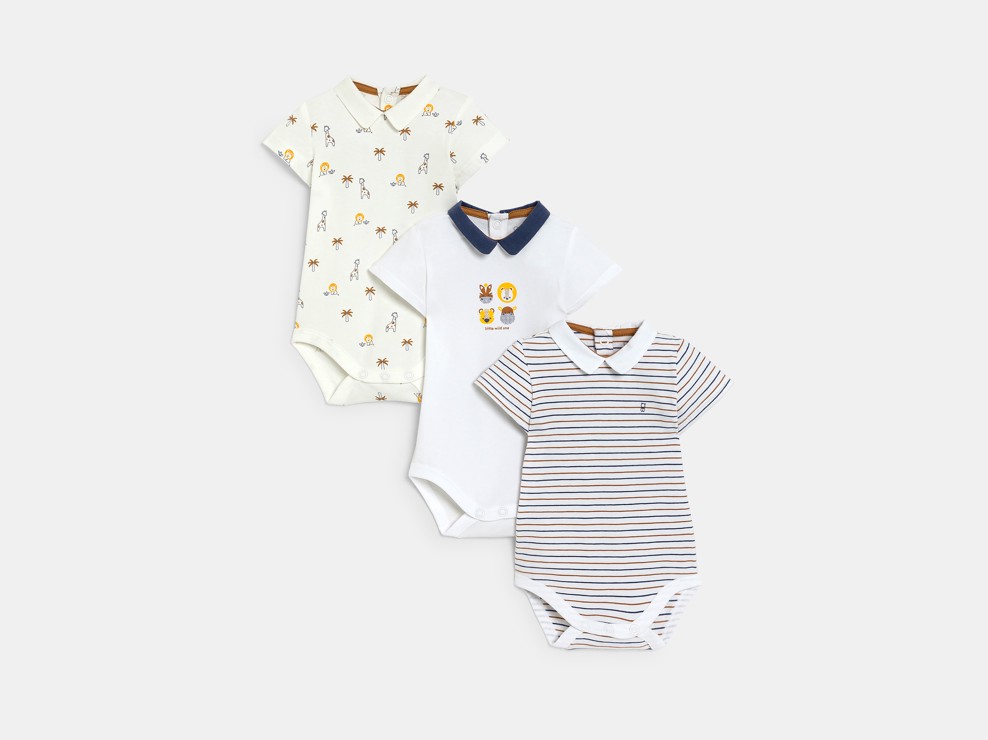 Baby boy's short-sleeve, white animal bodysuit with small collar (pack of 3) 1