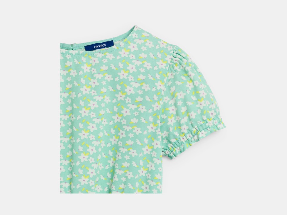 Hellgrünes Kleid mit Blumen und Prinzessinnenärmeln für Mädchen 2