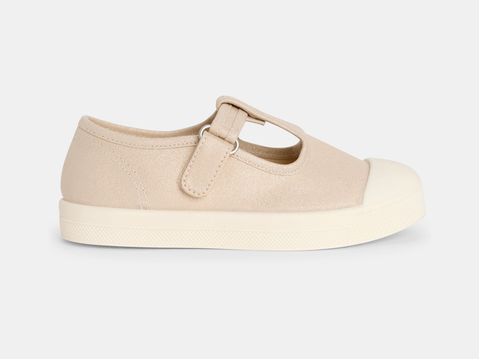 Beige stoffen tennisschoenen met bandje voor meisjes 1