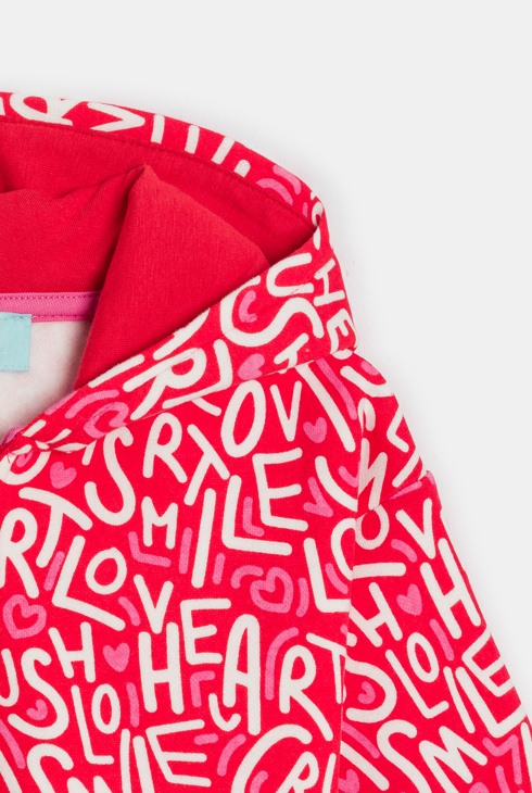 Mädchen-Hoodie aus rotem Molton mit Reißverschluss und Aufschriften für Kleinkinder
