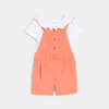 Salopette courte et tee-shirt chic orange bébé fille