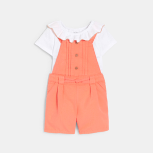 Salopette courte et tee-shirt chic orange bébé fille 1