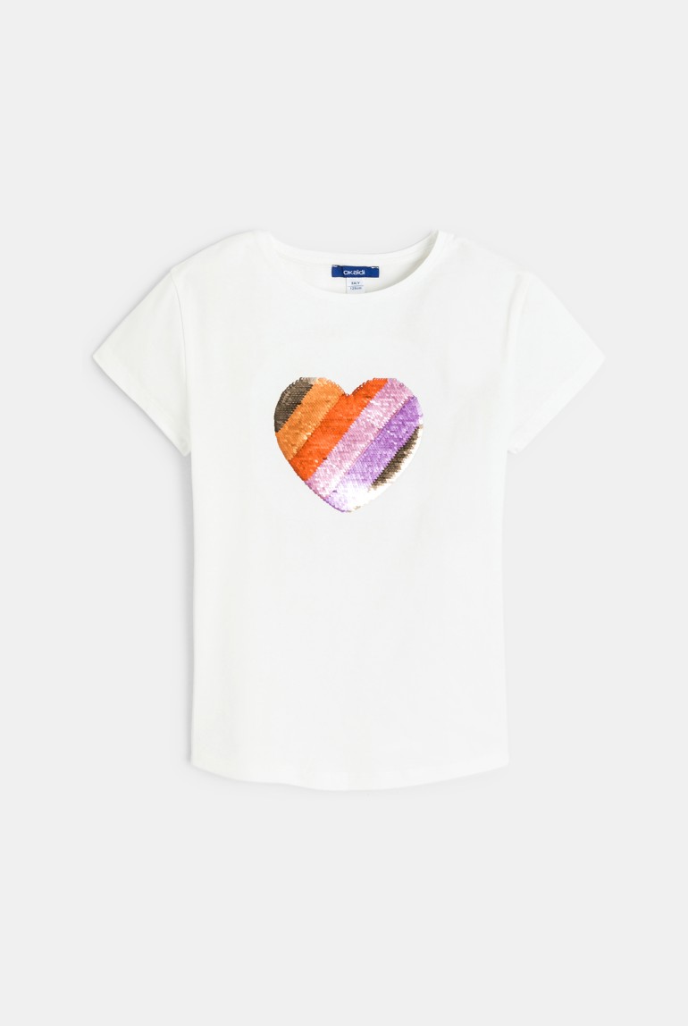 Girl's white short-sleeve T-shirt with magic sequin heart