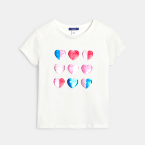 T-shirt manches courtes à sequins magiques cœurs blanc Fille 1