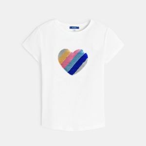 Wit T-shirt met korte mouwen en hartje in magische pailletten voor meisjes 1