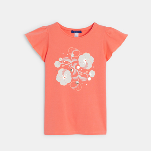 Girl's orange butterfly sleeve T-shirt with sparkly motif 1