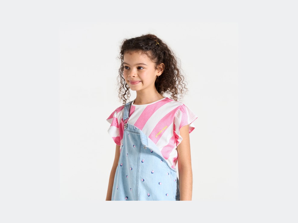 Camiseta de manga corta a rayas rosa niña 1