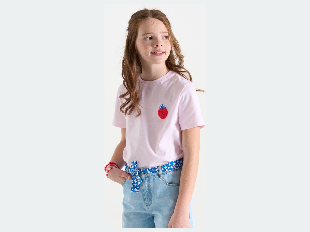 Rosa Kurzarm-T-Shirt mit Erdbeermotiv für Mädchen 1