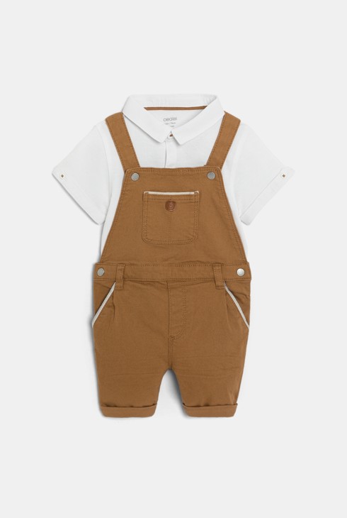 Kurze Baumwoll-Latzhose und Poloshirt braun Kleinkind Jungen 2
