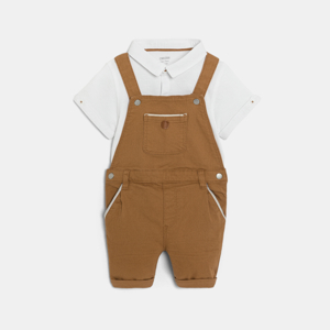 Baby boy's short cotton overalls and brown polo shirt set 1