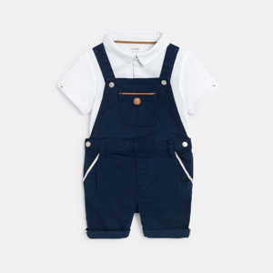 Baby boy's short cotton overalls and blue polo shirt set 1