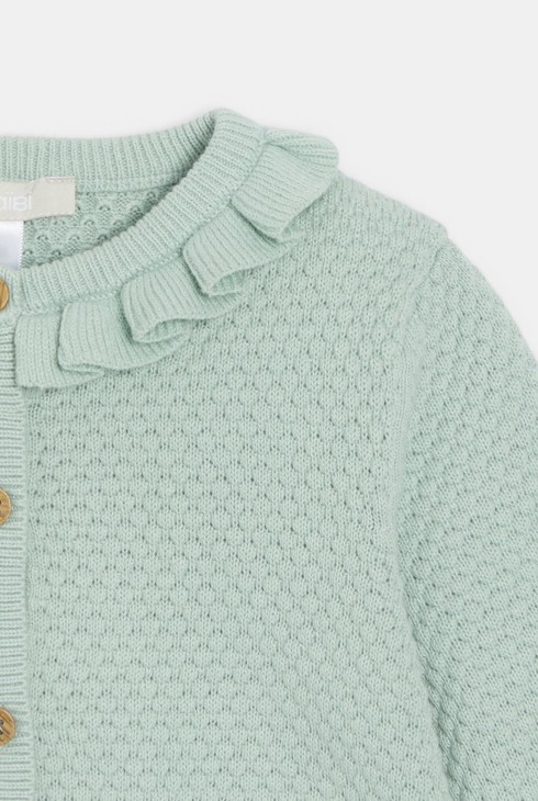 Gilet maille tricot fantaisie col volanté vert bébé fille 2