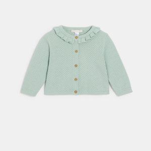 Baby girl's green patterned knit cardigan with ruffled collar 1