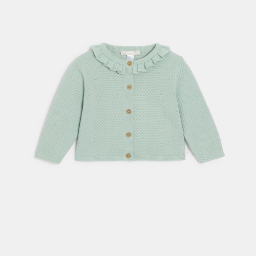 Gilet maille tricot fantaisie col volanté vert bébé fille 1