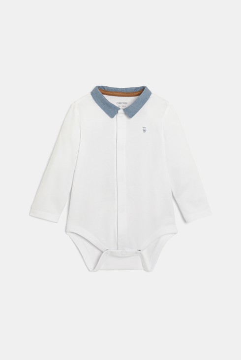 Baby boy's striped cotton overalls and blue polo shirt style bodysuit 2