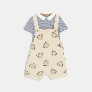 Beige korte salopette met tijgerprint en gestreepte body voor babyjongens 1