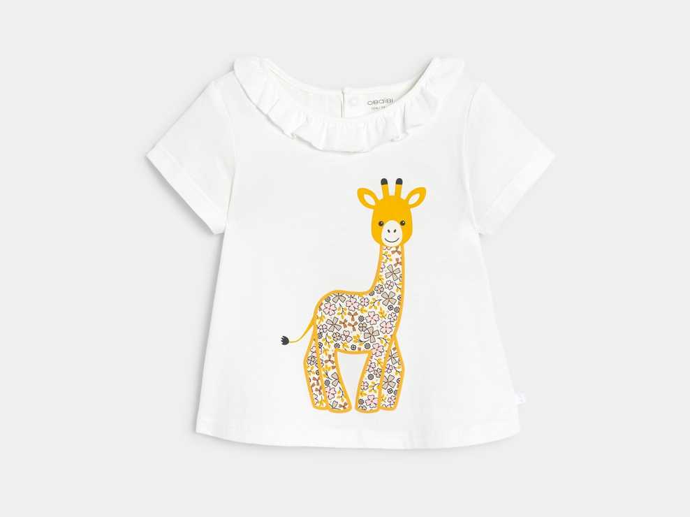 T-shirt con colletto a volant bianca con giraffa neonata 1