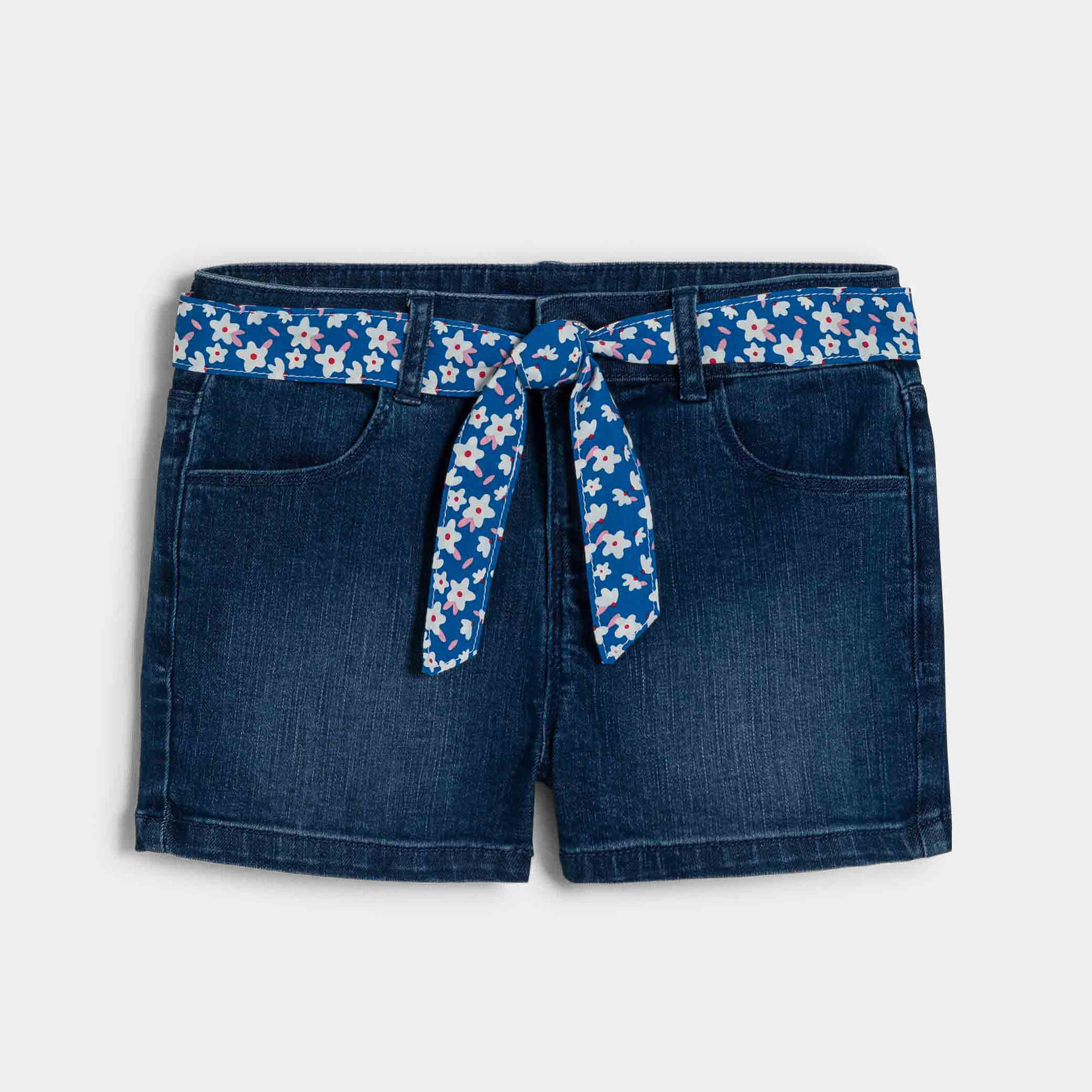 Girl's blue stretch denim belted shorts Okaïdi & Obaïbi