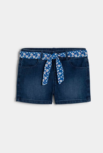 Girl's blue stretch denim belted shorts Okaïdi & Obaïbi