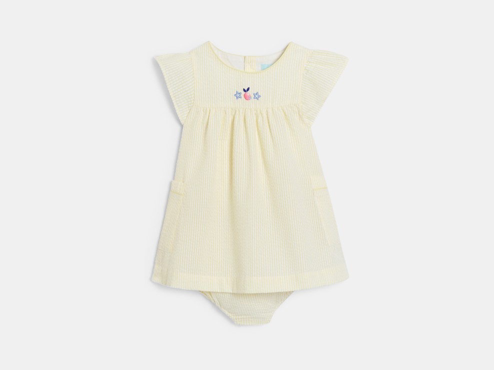 Gele gestreepte jurk van seersucker voor babymeisjes 1
