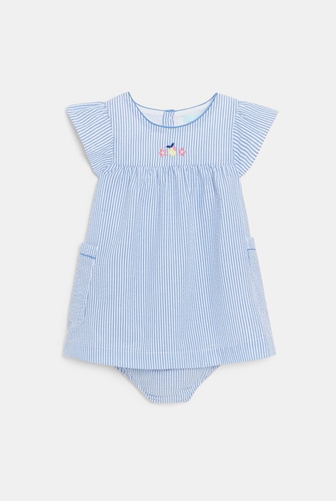 Blaues Kleid aus gestreiftem Seersucker Kleinkind Mädchen 2