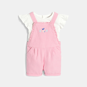 Baby girl's short pink striped overalls and white T-shirt 1