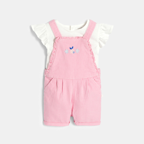 Salopette courte rayée rose et t-shirt  blanc bébé fille 1