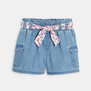 Baby girl's lightweight blue denim cargo shorts with floral belt 1