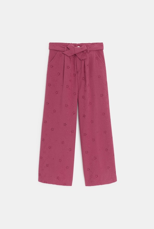 Aardkleurige wijde broek met broderie anglaise voor meisjes 2
