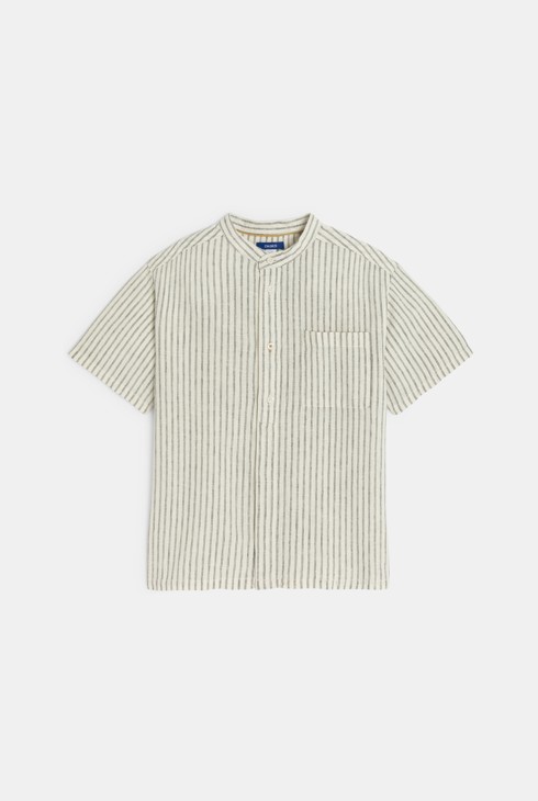 Camisa de màniga curta de lli de ratlles beix nen 1