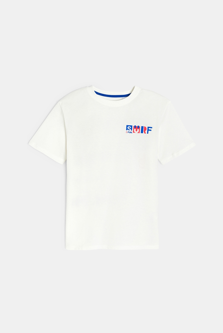 Wit T-shirt met korte mouwen en surfmotiefje voor jongens 1