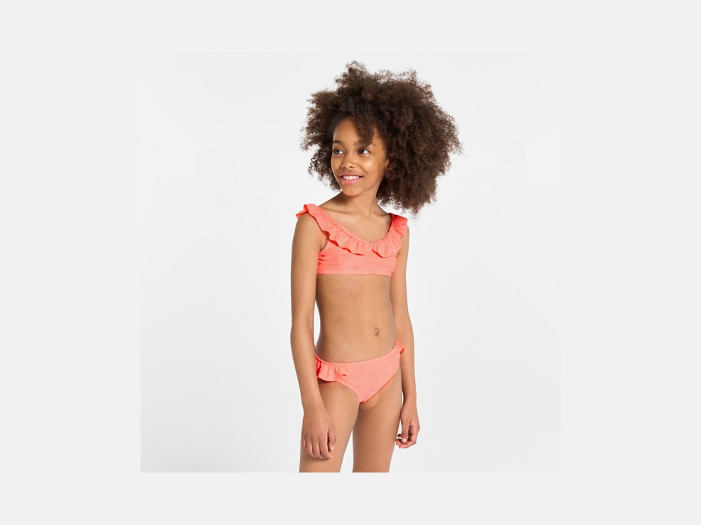 Pfirsichfarbener Bikini mit Volants für Mädchen 1