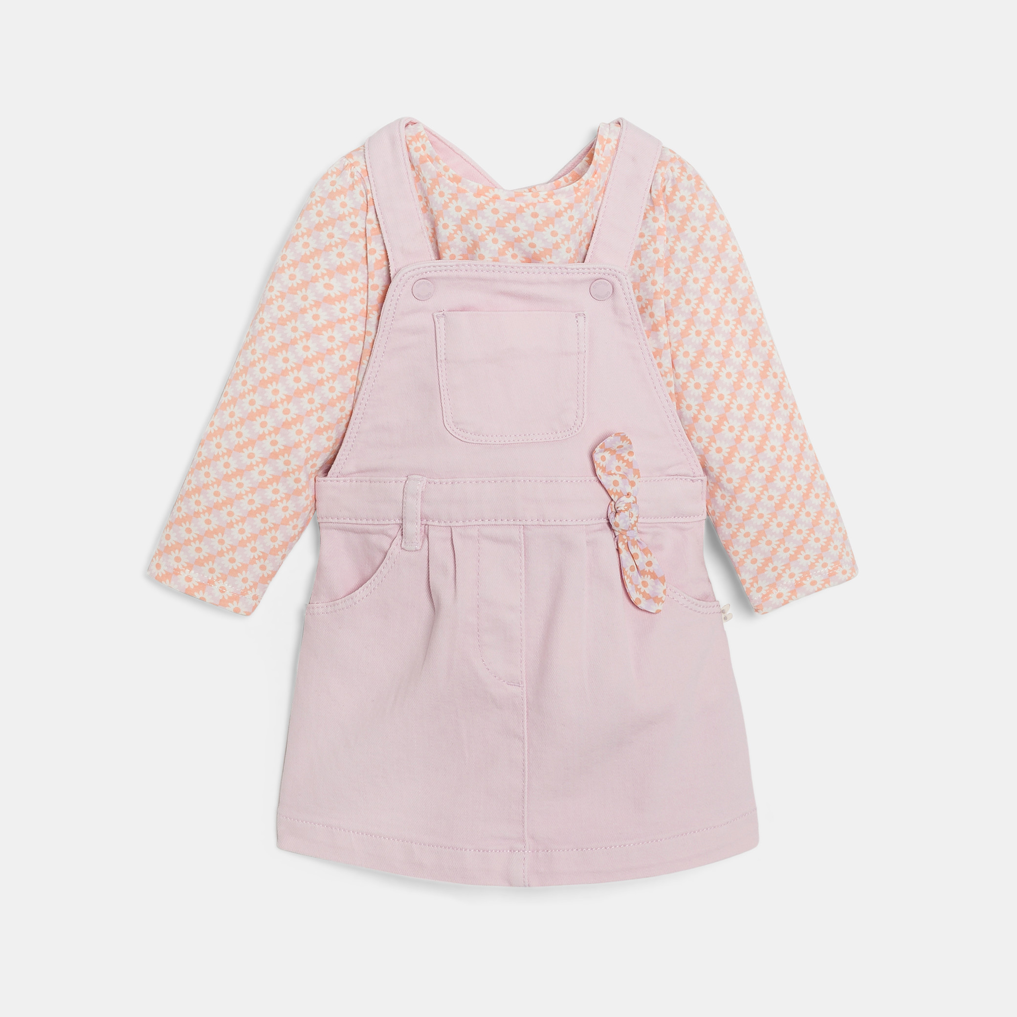 Baby girl's pink twill cotton pinafore dress and floral T