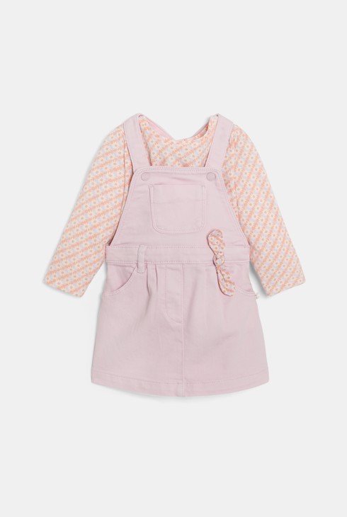 Baby girl's pink twill cotton pinafore dress and floral T-shirt 2